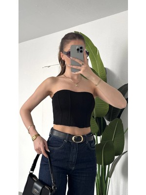 Asfa Moda Kadın Siyah Dikişli Straplez Crop Bluz - Korse Model Bustier