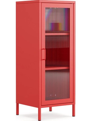 Pera Camlı Metal Dolap 42X110CM, Cam Kapaklı Vitrin - Büfe - Kitaplık ve Çok Amaçlı Dolap ( Raf Ayarlanabilir) Ral 3020 Kırmızı