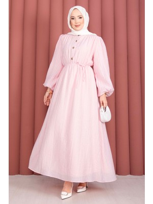 Md Balon Kol Yarım Düğmeli Tesettür Elbise Pembe