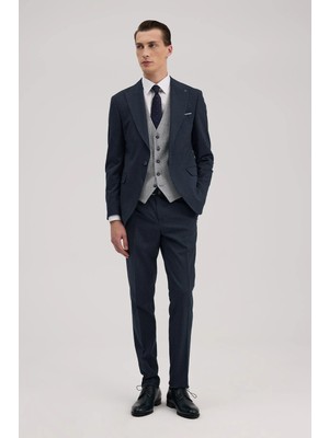 Jakamen Lacivert Slim Fit Kırlangıç Yaka Yelekli Kombinli Takım Elbise