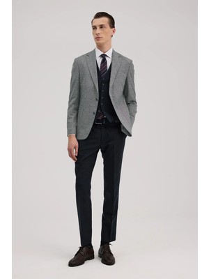 Jakamen Lacivert Slim Fit Mono Yaka Yelekli Keten Karışımllı Takım Elbise