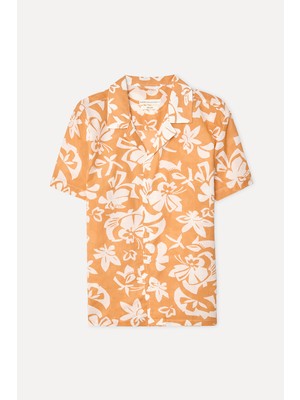 Mudo Erkek Turuncu Desenli Regular Fit Resort Yaka Kısa Kollu T-Shirt