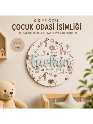 Hippodeco Kişiye Özel Ahşap Isimlik - Safari Hayvanları Figürlü Bebek Odası Dekorasyonu - 25 cm Duvar Aksesuarı
