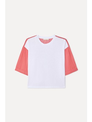 Mudo Kadın Kırık Beyaz Çizgili Bisiklet Yaka T-Shirt