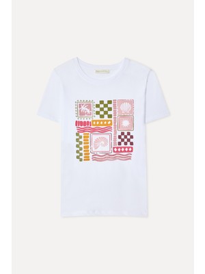 Mudo Kadın Beyaz Baskılı Bisiklet Yaka T-Shirt