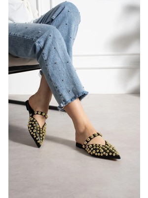 Shoetek Herewe Kadın Terlik Önden Bantlı Altın Pimli Siyah Deri