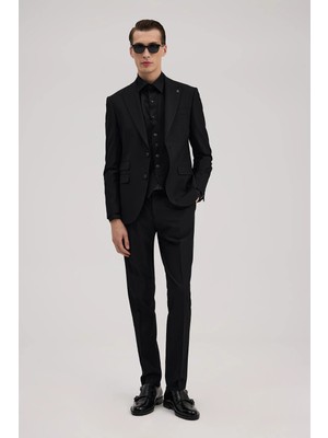 Jakamen Siyah Slim Fit Kırlangıç Yaka Yelekli Takım Elbise
