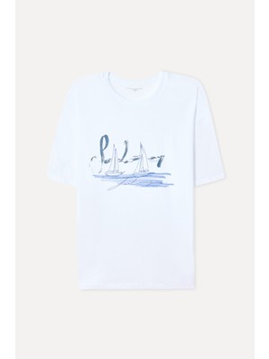 Mudo Erkek Beyaz Baskılı Oversize Bisiklet Yaka T-Shirt