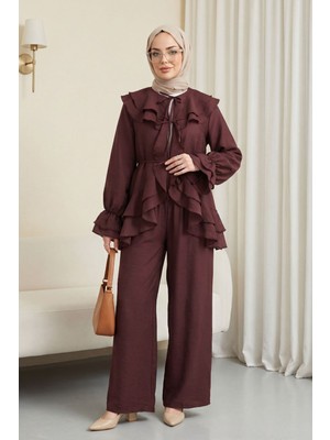 Moda Morfo Önü Bağcıklı Kat Yakalı Kolu Lastikli Pantolonu Astarlı Cupra Takım  -Mürdüm
