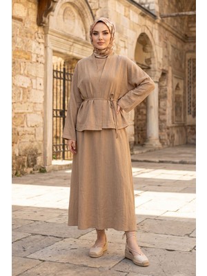 Modestim Kadın Vizon Ceket Kimono Bağlamalı Jile Elbise Ceket Ikili Tesettür Takım  Çilek Elbise Takım Kombin