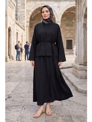 Modestim Kadın Siyah Ceket Kimono Bağlamalı Jile Elbise Ceket Ikili Tesettür Takım  Çilek Elbise Takım Kombin