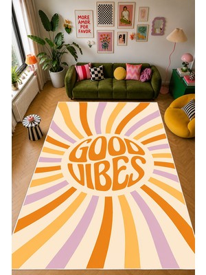 Mortapi Pinterest Good Vibes Yazılı Baskılı Kaymaz Yıkanabilir Salon Oturma Odası Mutfak Halısı Yolluk