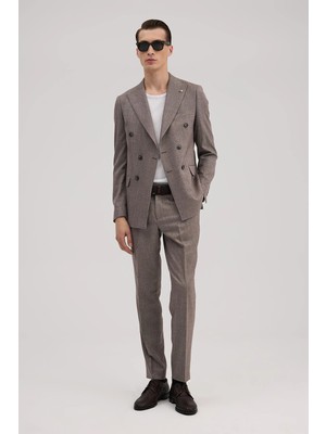 Jakamen Bordo Slim Fit Ekoseli Kruvaze Takım Elbise