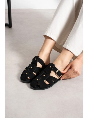 Shoetek Olwa Kadın Pimli Terlik Bantlı Tokalı Siyah Süet