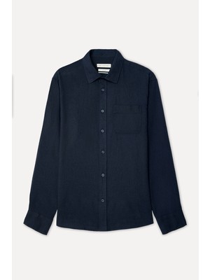 Mudo Erkek Lacivert Regular Fit Uzun Kollu Keten Karışımlı Gömlek