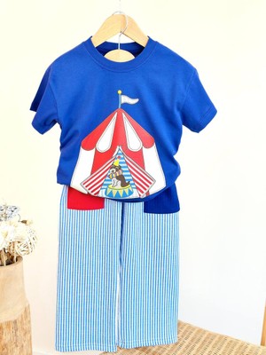 Superbaby Unisex Çocuk %100 Pamuk Sirk Temalı Tişört ve Çizgili Pantolon Ikili Takım