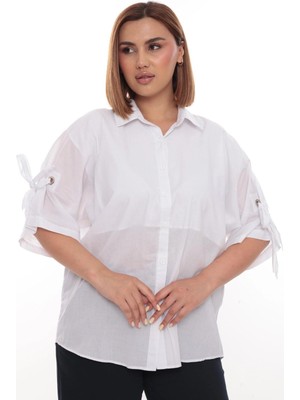 Lady Majestic %100 Cotton Büyük Beden Kadın Pamuklu Gömlek Rahat Kesim, Düğmeli, Volan Kol Detaylı