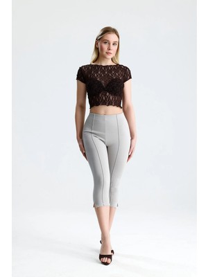 Rose Arya Kahve Dantel Kısa Kol Crop