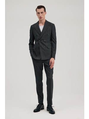 Jakamen Lacivert Slim Fit Ekoseli Kruvaze Takım Elbise