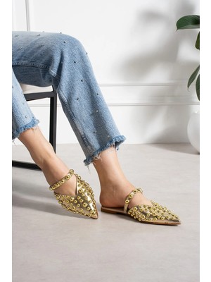 Shoetek Herewe Kadın Terlik Önden Bantlı Pimli Altın Deri