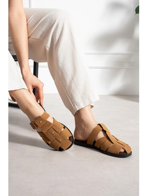 Shoetek Olwa Kadın Pimli Terlik Bantlı Tokalı Taba Süet