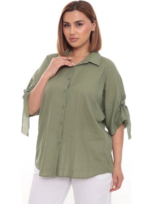 Lady Majestic %100 Cotton Büyük Beden Kadın Pamuklu Gömlek Rahat Kesim, Düğmeli, Volan Kol Detaylı