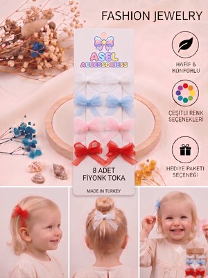 Asel Aksesuar 8'li Set El Yapımı Çok Renkli Organze Fiyonk Bebek ve Çocuk Pens Toka
