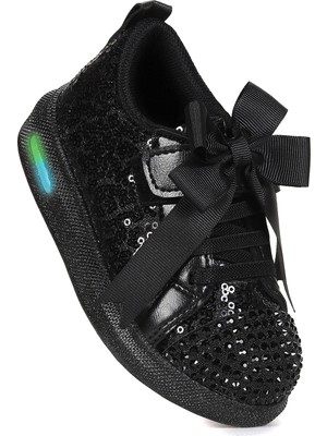 Kiko Kids Janes Kız Çocuk Spor Ayakkabı Işıklı Cırtlı Fiyonk Siyah Mikrofiber Tabanlı