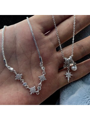 Lorivelle Kadın Kolye Bileklik Seti Gümüş Paslanmaz Çelik Zirkon Taşlı Kuzey Yıldızı Asansörlü Şık Hediye Takı