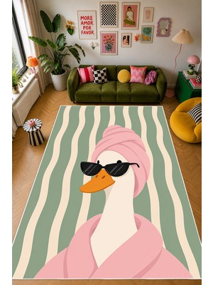 Mortapi Pinterest Ördek Desenli Baskılı Kaymaz Yıkanabilir Salon Oturma Odası Mutfak Antre Halısı Yolluk