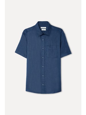 Mudo Erkek Indigo Regular Fit Kısa Kollu Keten Gömlek