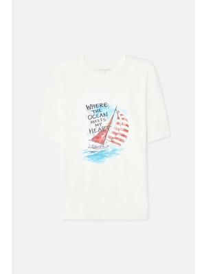 Mudo Erkek Kırık Beyaz Baskılı Comfort Fit Bisiklet Yaka T-Shirt