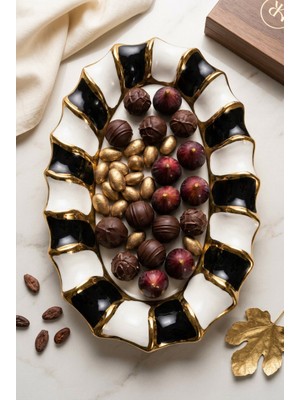 sembol Lüks Dalgalı Kenar Porselen Ikram Tabağı 36X23 cm Oval Sunumluk Siyah-Beyaz