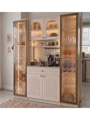 Eymense Hera Kahve Köşesi %100 Mdf Mutfak Dolabı Camlı Çok Amaçlı Dolap Sensör Ledli Raflı 3 Modüllü