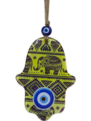 Mixperi 10X15 cm Cam Fatma Ana Eli Duvar Süsü - Filli ve Nazarlık Motifli Otantik Duvar Dekoru - Jüt Ipli Sarı Hamsa Eli Ev Hediyesi