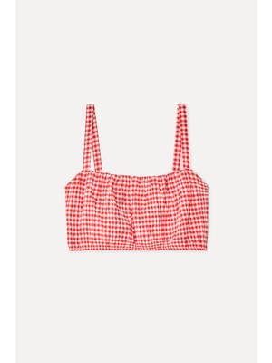 Mudo Kadın Kırmızı Ekoseli Crop Kolsuz Bluz