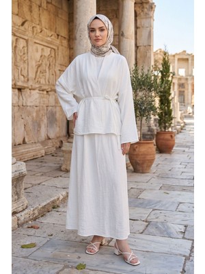 Modestim Kadın Ekru Ceket Kimono Bağlamalı Jile Elbise Ceket Ikili Tesettür Takım  Çilek Elbise Takım Kombin