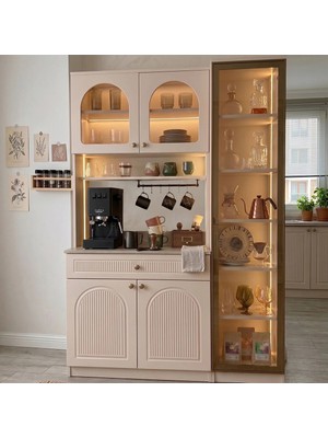 Eymense Hera Kahve Köşesi %100 Mdf Mutfak Dolabı Camlı Çok Amaçlı Dolap Sensör Ledli Raflı 2 Modüllü