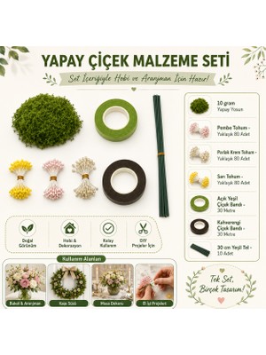 Mutkin Yapay Çiçek Malzeme Seti Hobi Dıy Buket Aranjman Seti 10 gr Yapay Yosun 3 Renk Tohum 2 Renk Çiçek Bandı Yeşil Tel