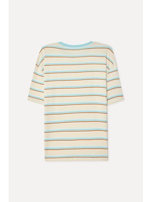 Mudo Erkek Taş Rengi Çizgili Oversize Bisiklet Yaka T-Shirt