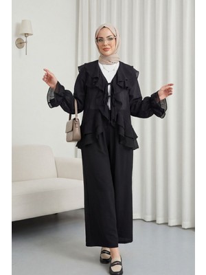 Moda Morfo Önü Bağcıklı Kat Yakalı Kolu Lastikli Pantolonu Astarlı Cupra Takım  -Siyah