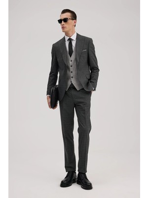 Jakamen Antrasit Slim Fit Kırlangıç Yaka Yelekli Kombinli Takım Elbise