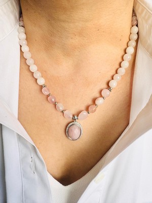 Devi Fashion Pembe Kuvars Doğal Taş Damla Uçlu Kolye 47 cm