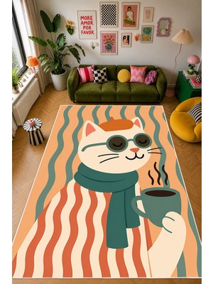 Mortapi Pinterest Kedi Desenli Baskılı Kaymaz Yıkanabilir Salon Oturma Odası Mutfak Antre Halısı Yolluk