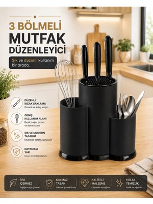 Fevito Tezgah Üstü Bölmeli Bıçaklık - Kaşık Kepçe Bıçak Standı Mutfak Düzenleyici Organizer Kaşıklık Siyah S-10137