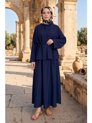 Modestim Kadın Lacivert Ceket Kimono Bağlamalı Jile Elbise Ceket Ikili Tesettür Takım  Çilek Elbise Takım Kombin