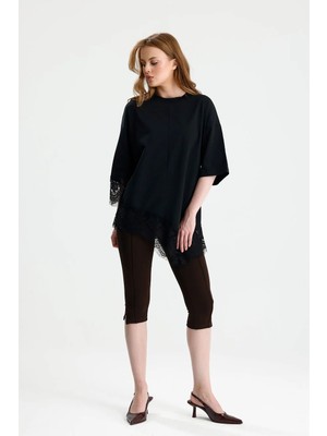 Rose Arya Siyah Parçalı  Dantel Detaylı Tshirt