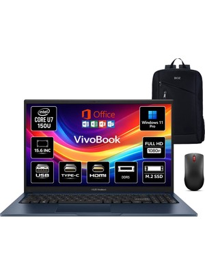 Asus Vivobook 15 Core 7 150U 24 GB 2 Tb SSD 15.6'' Windows 11 Pro X1504VA-BQ5456 Notebook +Boz Çanta ve Mouse