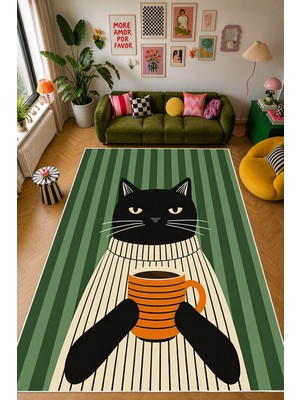 Mortapi Pinterest Kedi Figürlü Baskılı Kaymaz Yıkanabilir Salon Oturma Odası Mutfak Antre Halısı Yolluk
