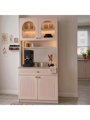 Eymense Hera Kahve Köşesi %100 Mdf Mutfak Dolabı Camlı Çok Amaçlı Dolap Sensör Ledli Raflı 1 Modüllü